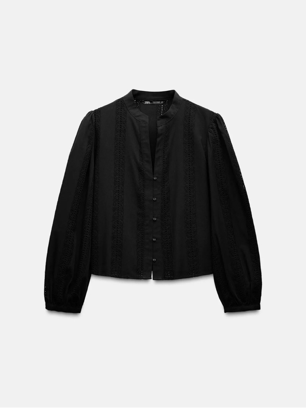 Zara Black Button-Front Lace-Trim Blouse